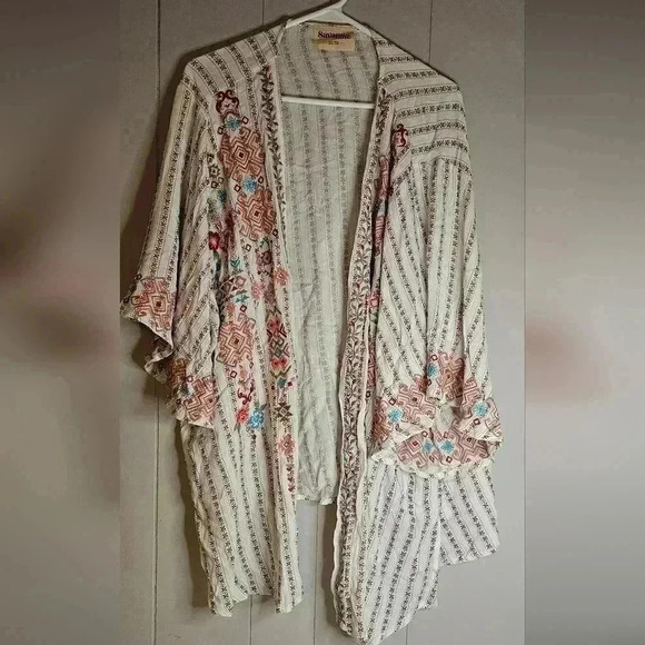 Savanna Jane Sweaters - Savanna Jane Embroidered Floral Aztec Print Kimono, 2X/3X